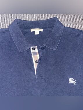 Burberry Mens Navy Polo Shirt with Plaid Placket - Classic Designer Style